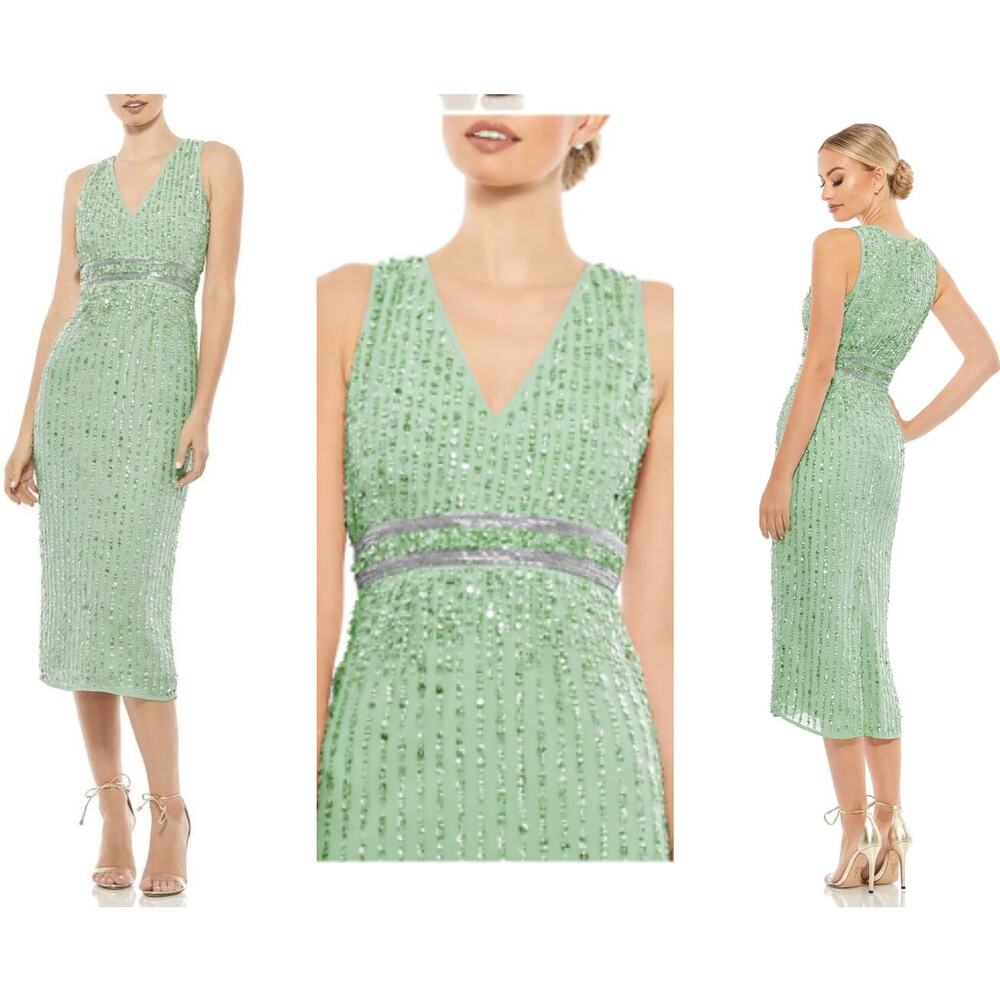 Mac Duggal Sage Green Full Bead Sequin Midi Dress Size 6 NEW #93606 Wedding Prom